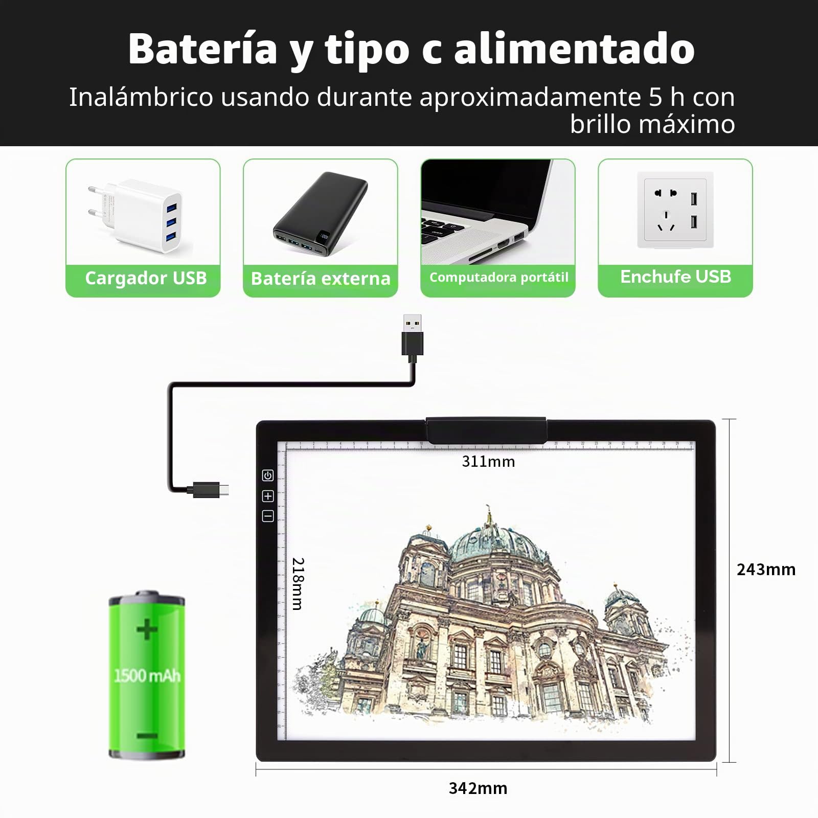 Placa LED inalámbrica A4 con soporte innovador y clip, caja de luz recargable con batería, regulable continuamente, 6 niveles de brillo, panel luminoso inalámbrico para trazar, deshierbar, vinilo