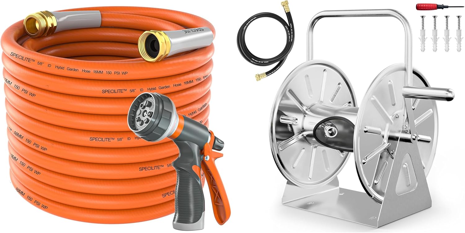 Stainless Steel Garden Hose Reel with 50 ft hose