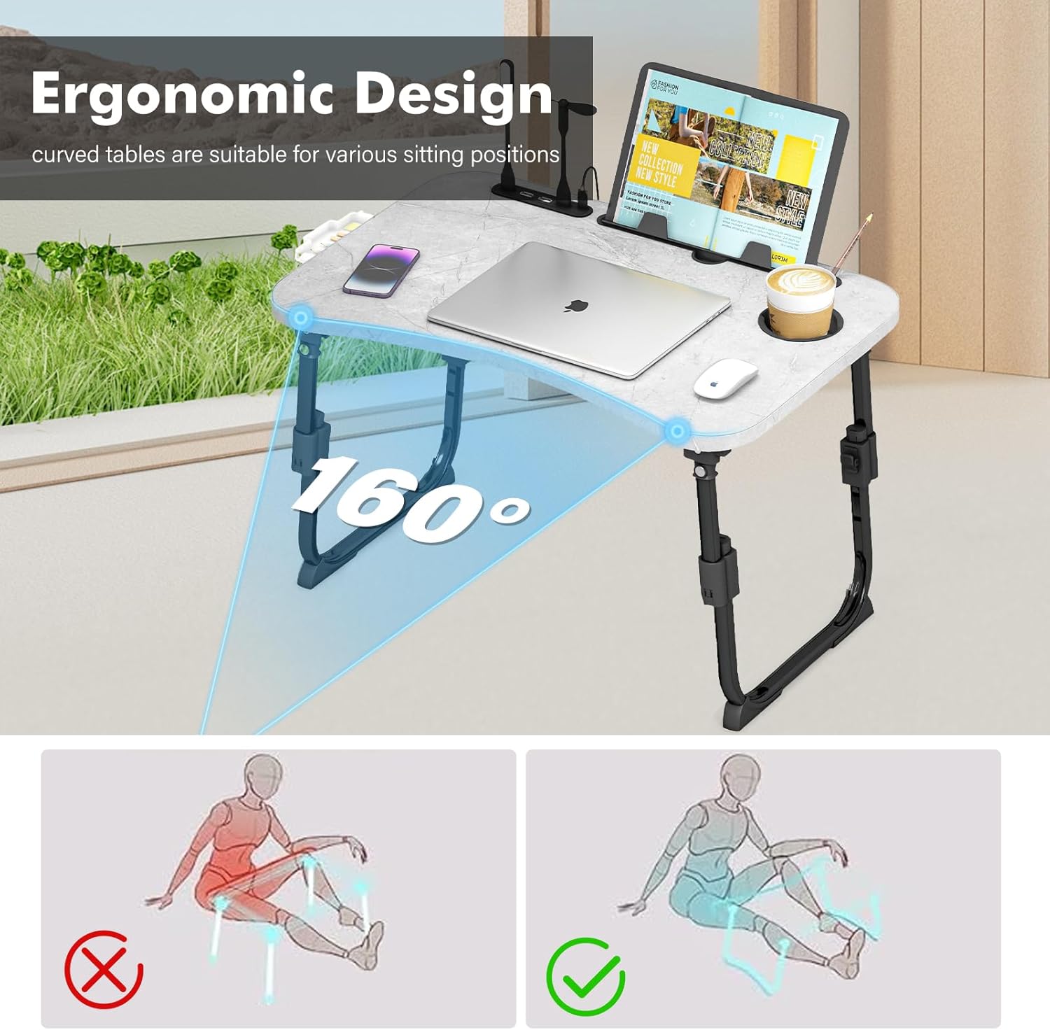 Lap Desk for Bed Adjustable Height, Foldable Bed Table with Storage Drawer, Tablet Slot & Cup Holder, Portable Laptop Stand for Bed & Sofa, Bed Desk for Adults & Kids, Light Stone Color