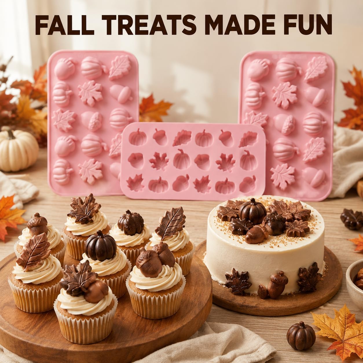 Fall Silicone Molds for Chocolate 3 Pcs 36-Cavities Acorns Pumpkin