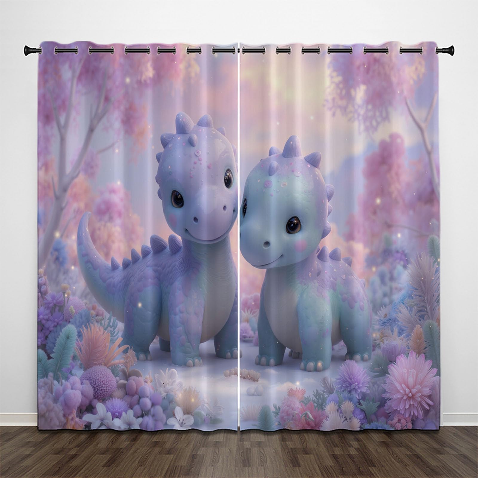 95% Rideau Occultant, Violet Rideaux Occultant Thermiques à Oeillets, Rideau Opaque imprimés Aquarelle Dinosaure Dessin Animé Forêt Decoration pour Enfant Chambre, 140x180 cm (2 Panneaux)