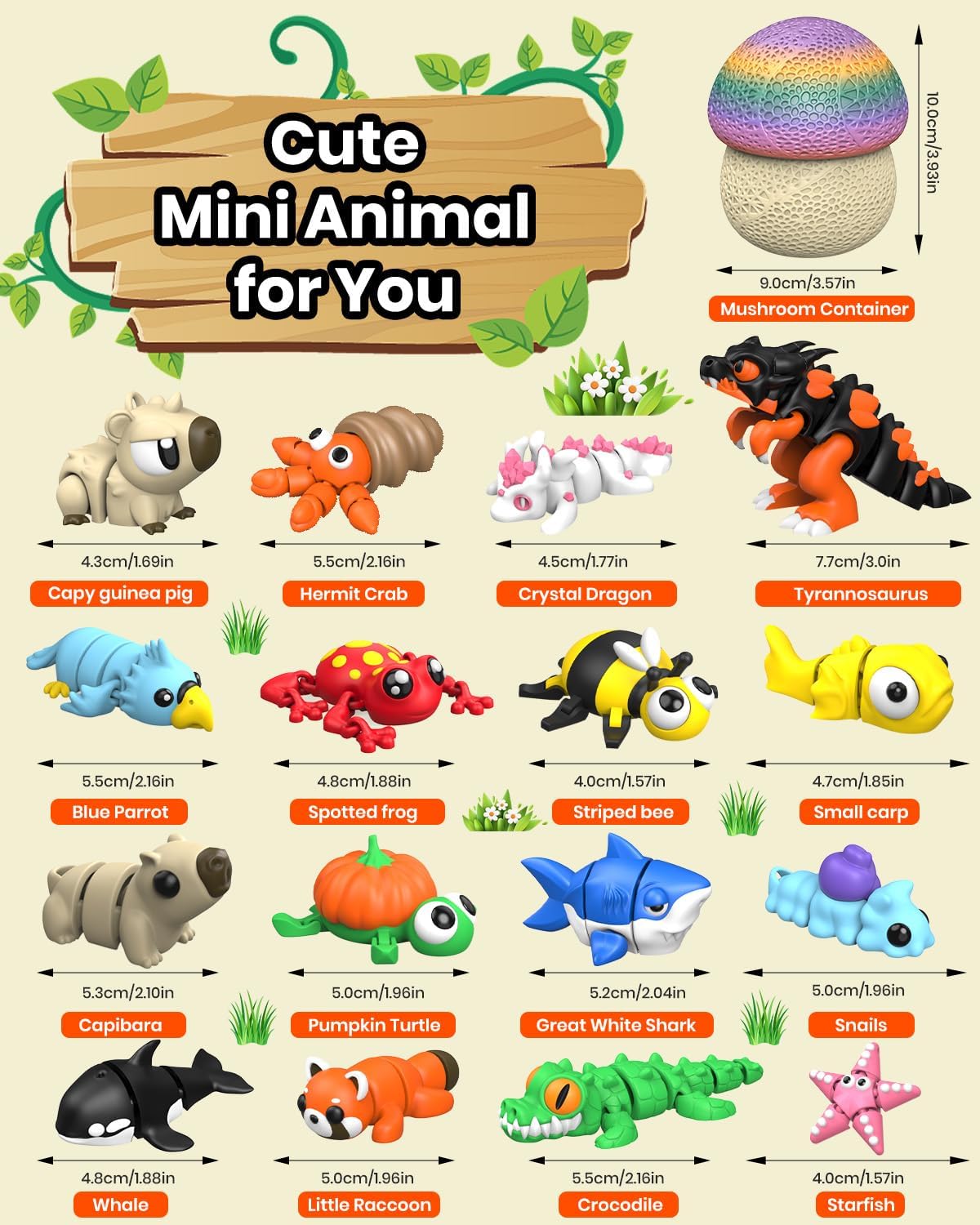 17PCS 3D Printed Animal Figurines Set with Mushroom Container - 16 Unique Articulated Animals, Fidget Toys for Stress Relief, Party Favors, Desk Decor & Gifts for Kids & Adults (17PCS Colour)