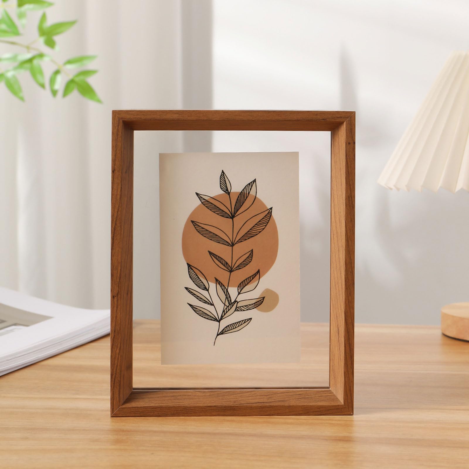 Double Sided Floating Photo Frame, 2-Sided Wood Acrylic Frame, Dustproof, MultiColor, MultiSize, Postcards, Photos, Specimens(Brown,8 inches)