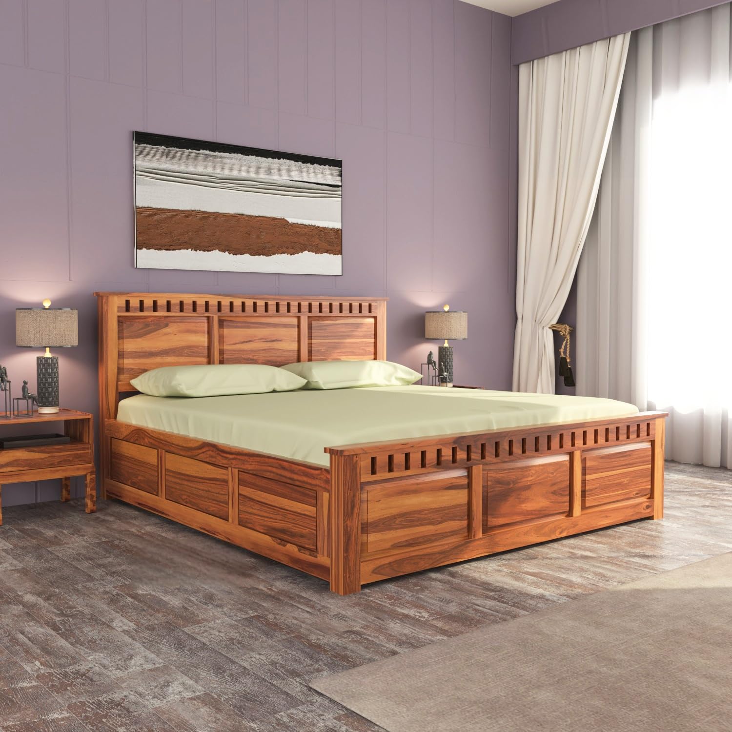BHAGWATI ART Sheesham Wood King Size Bed with Storage Box | Wooden Box Bed King Size Double Cot Bed with Storage for Bedroom | Premium Kuber Dalla Design Headboard Bed for Hotel, Home | Honey Finish