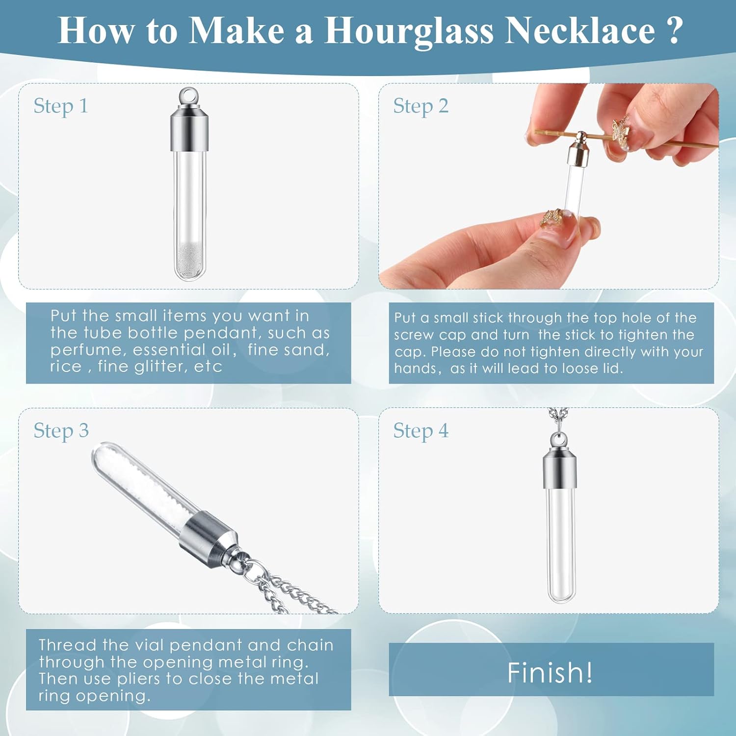 Bonuci 12 Set Small Glass Vial Bottle Necklace for Liquid Blood Ashes Keepsake DIY Pendant 1.4 Inch Tiny Hourglass Jewelry with Screw Cap Charms Snake Chains 17.7 Inch for Party - Image 4