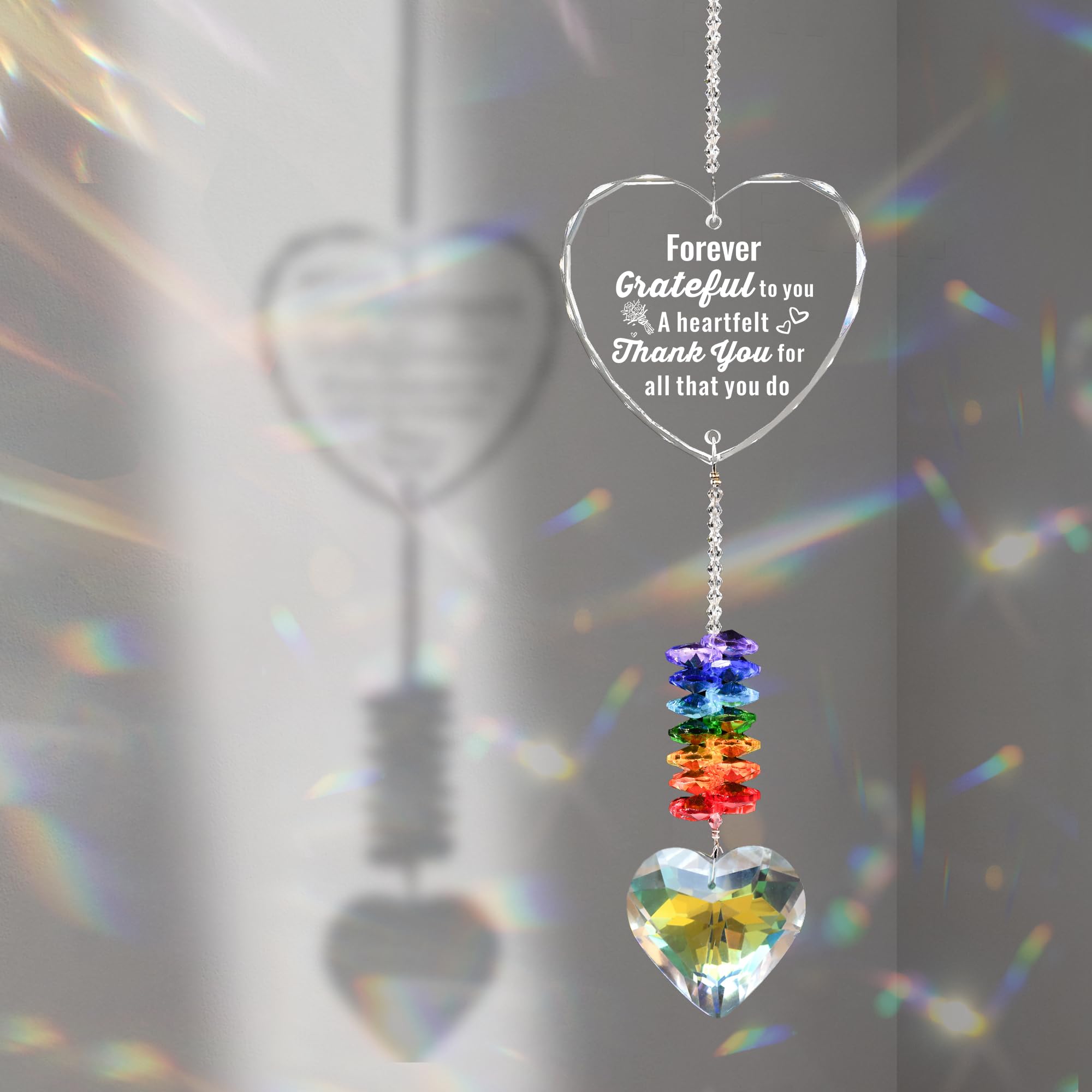 Crystal Heart Suncatcher with Engraved Thank You Message, Window Hanging Crystal Prism Sun Catcher Rainbow Maker, Appreciation Gratitude Gifts for Women Men Teacher Nurse Coworker