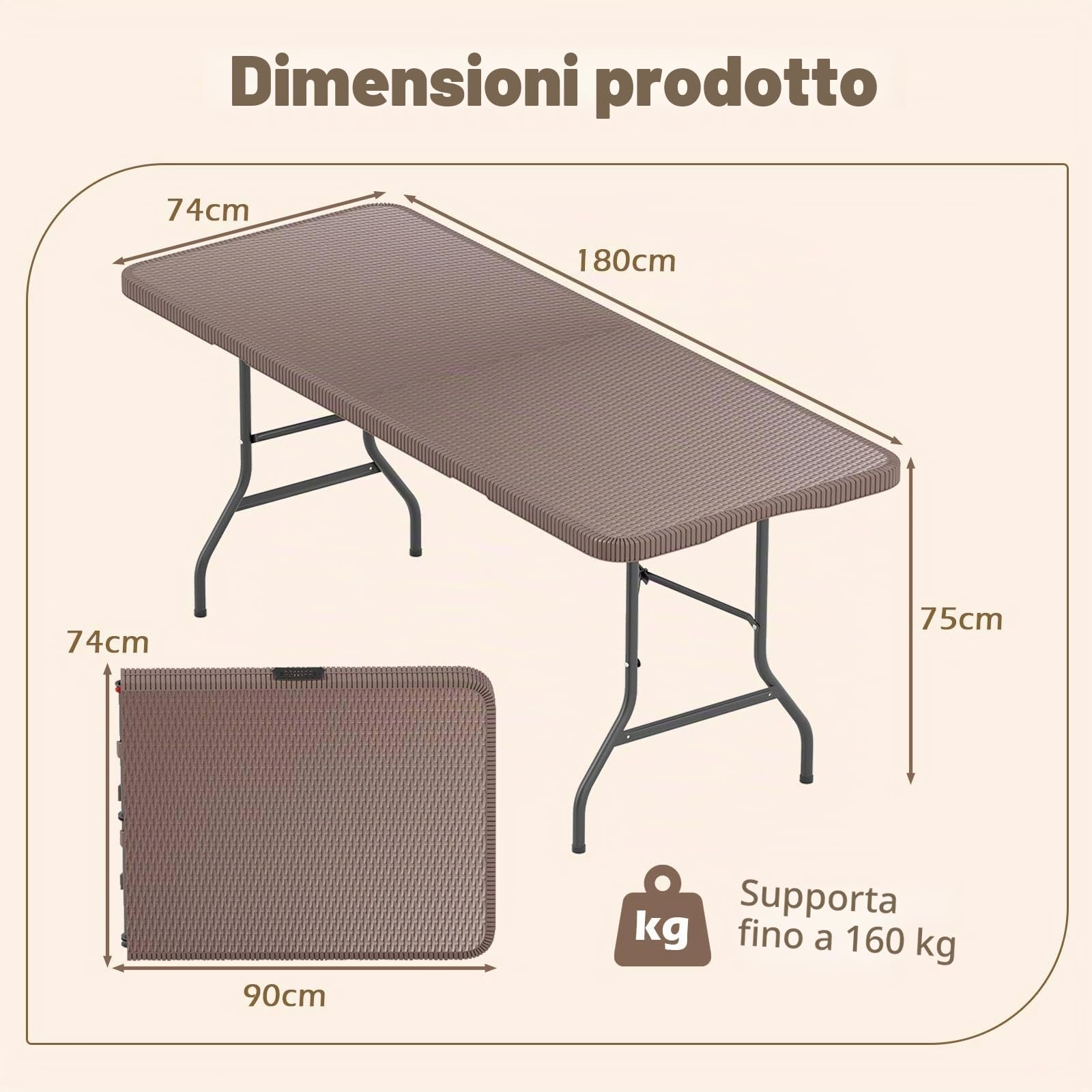 GIANTEX Tavolo da pranzo pieghevole in plastica, effetto rattan e gambe in metallo, 180 x 74 x 75 cm, tavolo portatile per campeggio, picnic, barbecue, giardino