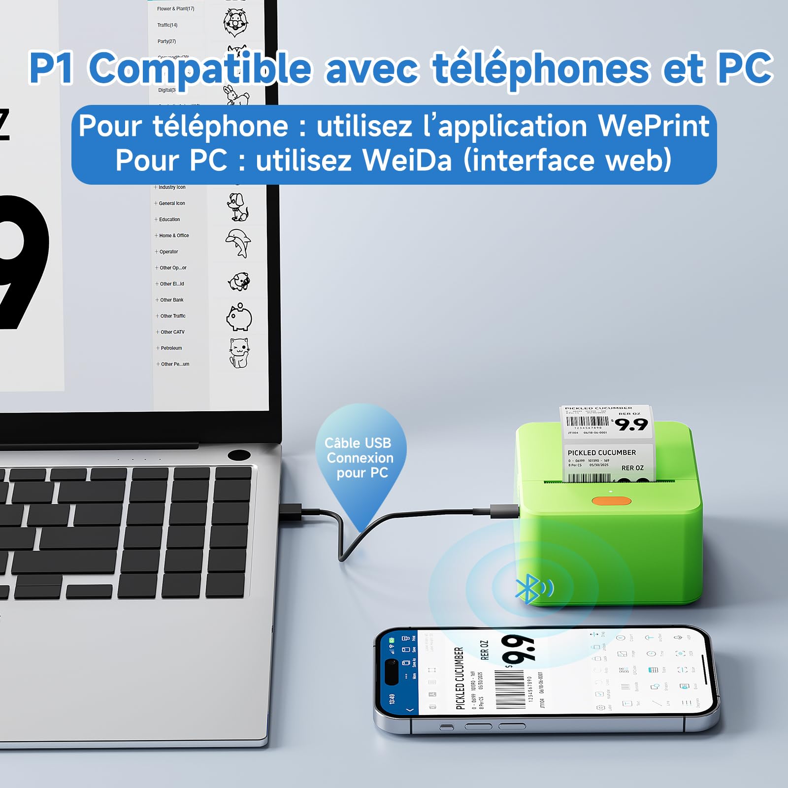 Etichettatrice nastro P1 Stampante termica da 2 pollici Stampante per etichette di spedizione Bluetooth portatile Creatore di adesivi Etichettatrice Uso domestico, ufficio, scuola