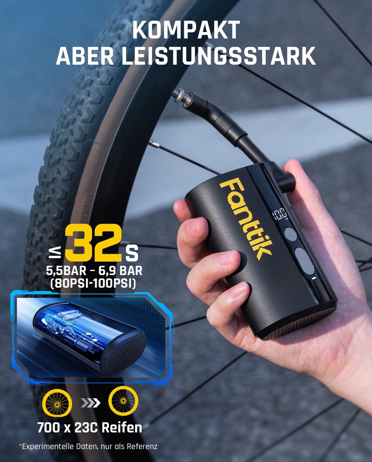 Fanttik X9 Ace Mini Fahrradpumpe, Akku Kompressor, 32s Schnellaufblasbare Elektrische Fahrradpumpe, 10,3BAR Luftpumpe mit Presta und Schrader-Ventil, für Rennrad, Mountainbike, E-Bike, Stadtrad