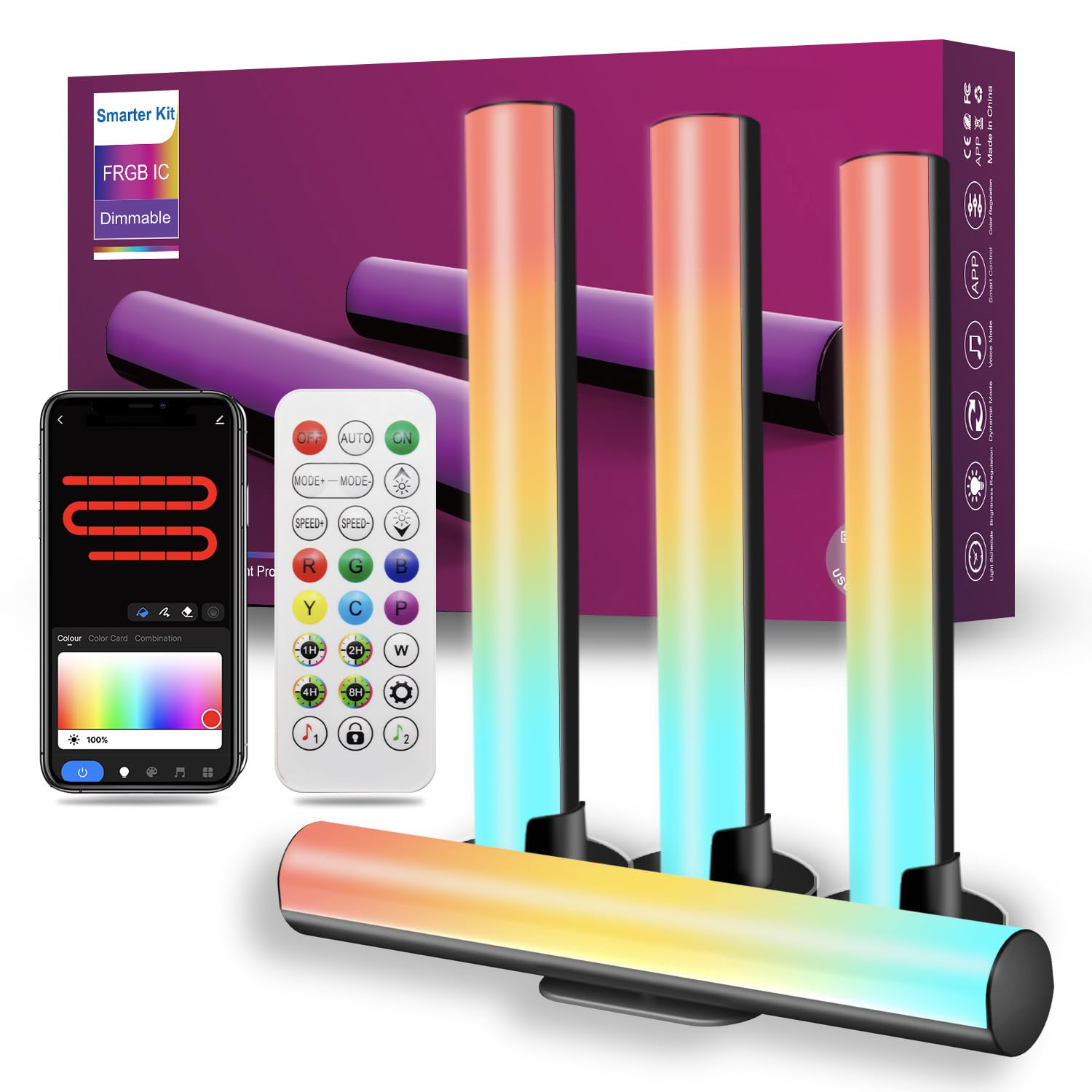 2 Pack Smart LED Light Bars, FRGB TV Backlight with Smart Controller, Color Gaming Light Bars with Multiple Scene and Music Modes for Movies, Pictures, PC, Room Decoration