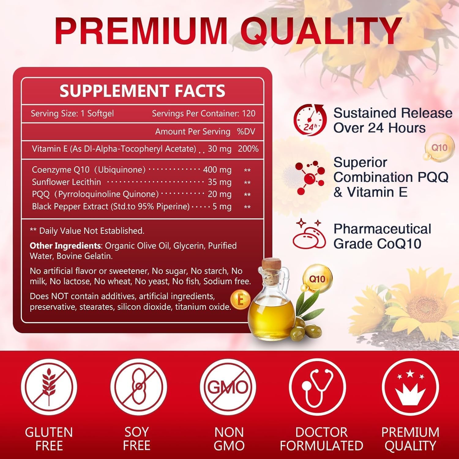 NATURE TARGET CoQ10-400mg Plus PQQ with Vitamin E & Organic Olive Oil - Coenzyme-Q10 with BioPerine - High Absorption Antioxidant-for-Heart-Health and Energy Production,120 Servings