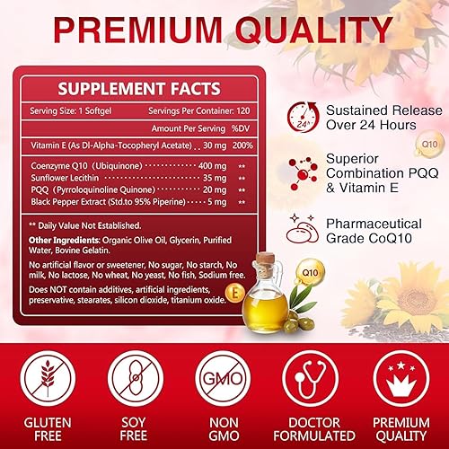 Miniatura 2 de NATURE TARGET CoQ10-400mg Plus PQQ con vitamina E y aceite de oliva orgánico - Coenzima-Q10 con BioPerine - Antioxidante de alta absorción para la