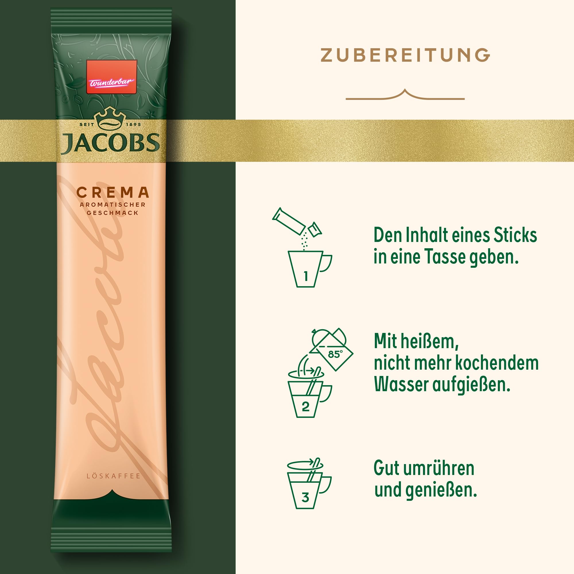 Jacobs Café Crema löslicher Bohnenkaffee als Stick, Instant Kaffee, 12 x 20 Einzelportionen à 1,8 g, für 240 Getränke