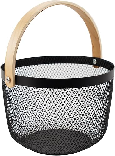 Metal Mesh Steel Basket, Garden Harvest Basket for Gathering Vegetables Round Wire Basket with Handle Storage Organizer Multi-functional Hanging Fruit Basket for Kitchen Bathroom Picnic