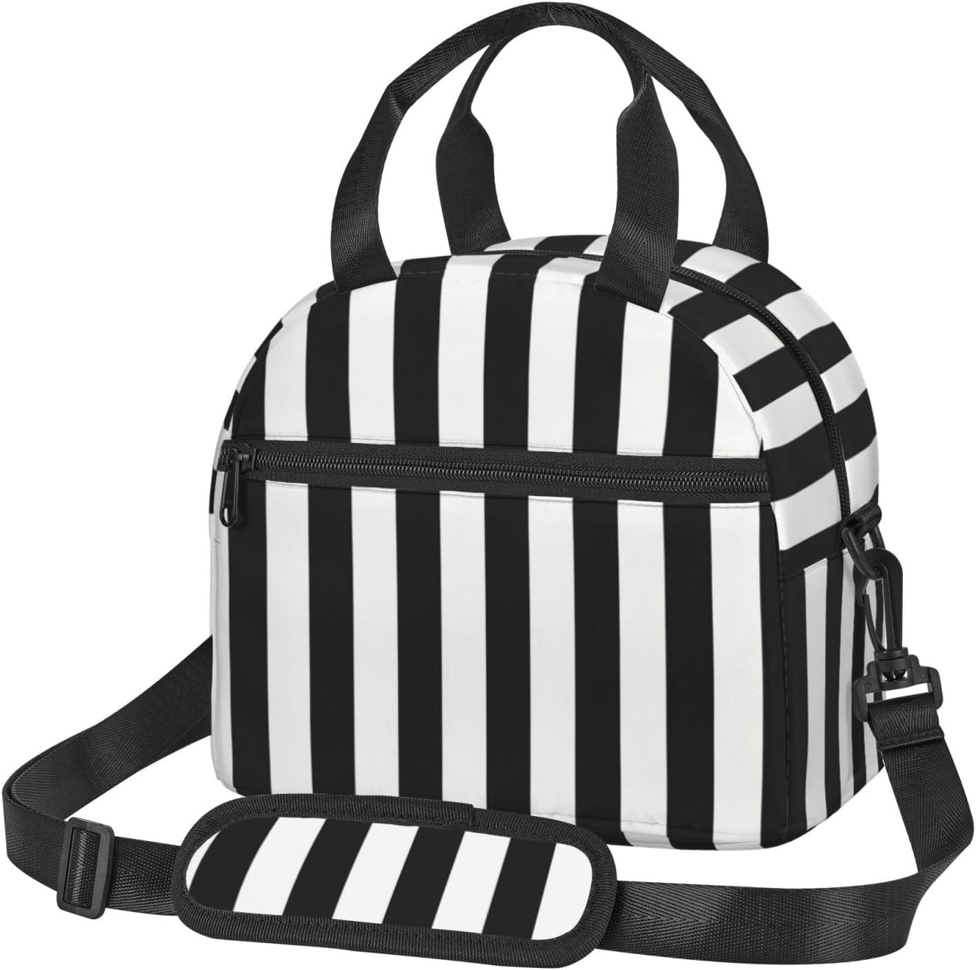 Black and-White Stripes Print Reusable Lunch Bag Insulated Lunch Boxes for Office Work Picnic Tote Bag Adjustable