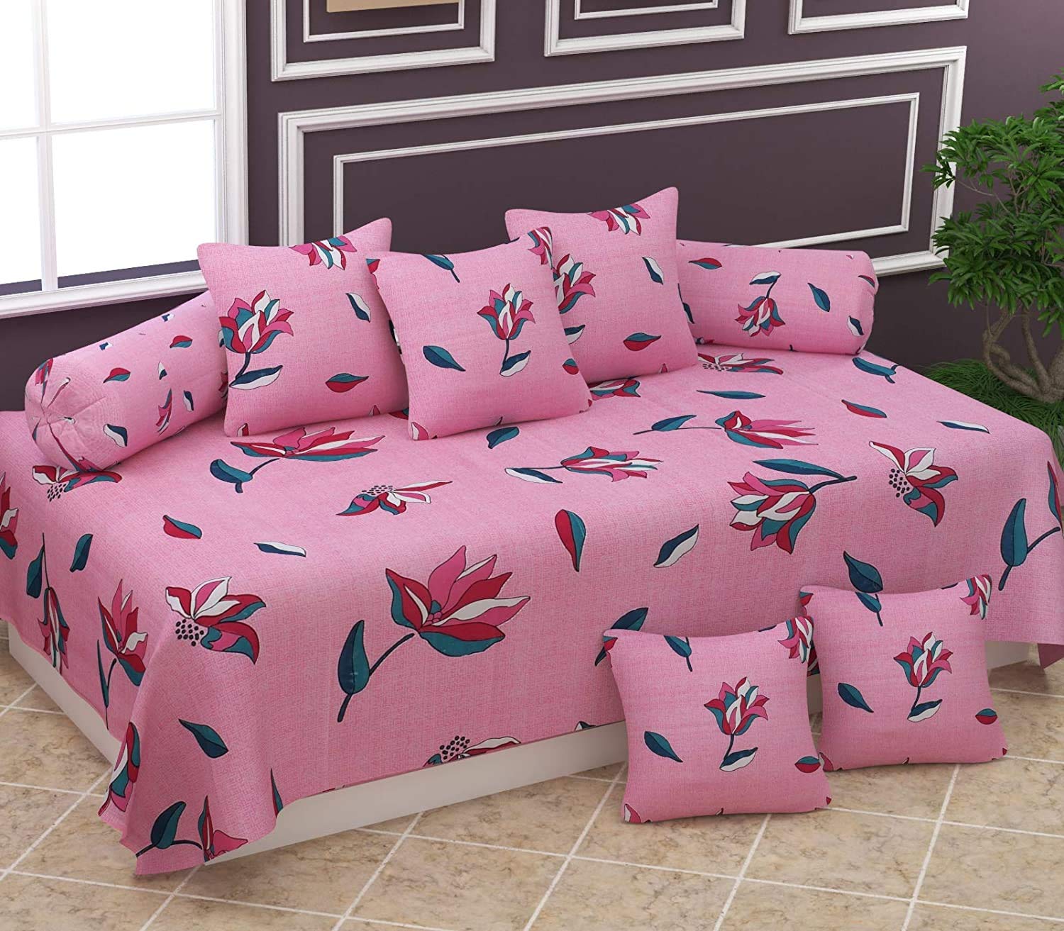 Festival Home Furnishings Microfiber Floral Diwan Covers Set of 8Pcs - 1Bedsheet 2Bolster Covers 5Cushion Covers-image-26