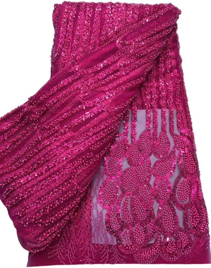 African Lace Fabric 5 Yards - French Tulle with 3D Sequin Embroidery Crochet, Premium Craft Fabric for Wedding Party Everyday Sewing Dressmaking (Purple)