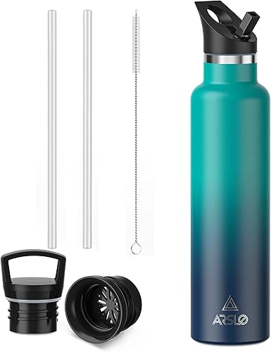 Miniatura 15 de Botellas de agua de doble pared de acero inoxidable, botella aislada al vacío con tapa con popote, botella de agua aislada mantiene el agua fría