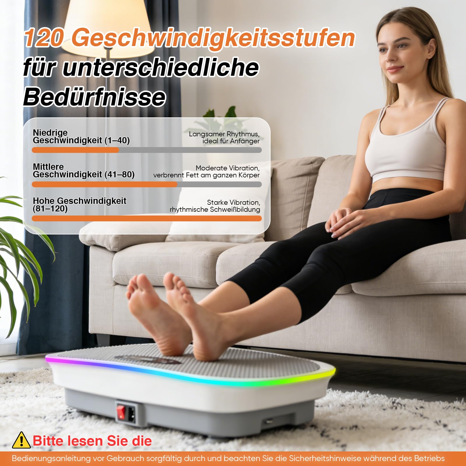 Vibrationsplatte, Rüttelplatte Sport für Zuhause, 120 Leistungsstarke einstellbare Geschwindigkeiten,Coolen Lichtern, bis 350LBS, Bluetooth & Fernbedienung, 4 Widerstandsbändern, für Home Workout