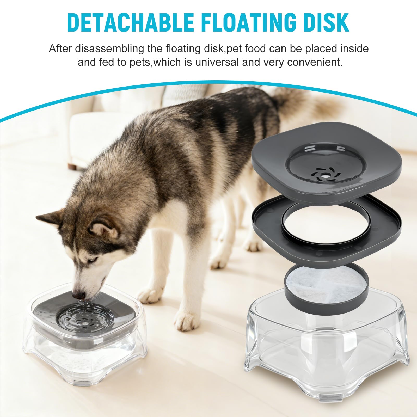 Ciotola dell'acqua per cani con disco galleggiante, 1,8 l, per bere lentamente, anti-troppopieno, anti-soffocamento, senza fuoriuscite, ciotola per animali domestici per cani, gatti, cuccioli, gattini