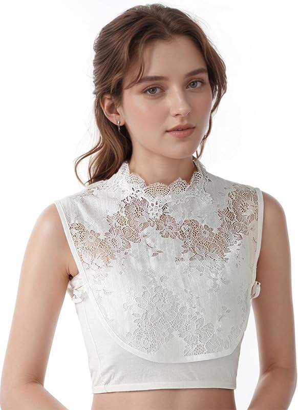 Detachable Lace Dickey Collar Shirt – Elegant Faux Collar with Floral Lace Trim Cleavage Cover up for Low Neckline