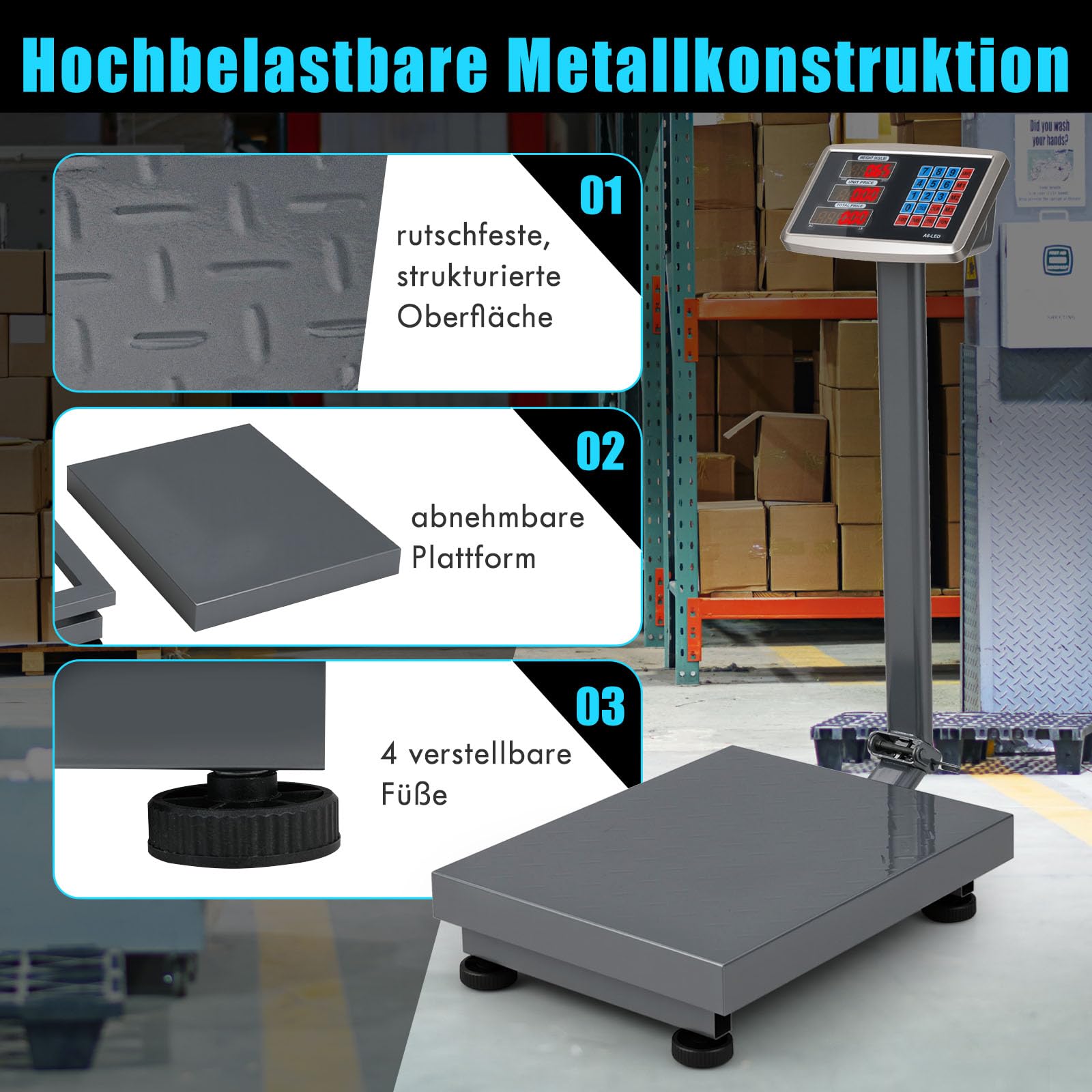 GOPLUS Digitale Plattformwaage 300kg/50g, Paketwaage mit klappbares Display & verstellbare Füße - Fläche 40 x 50 cm, 3 Speicherplätze, Ladenwaage Industriewaage für Lager/Gepäck (Silbern)