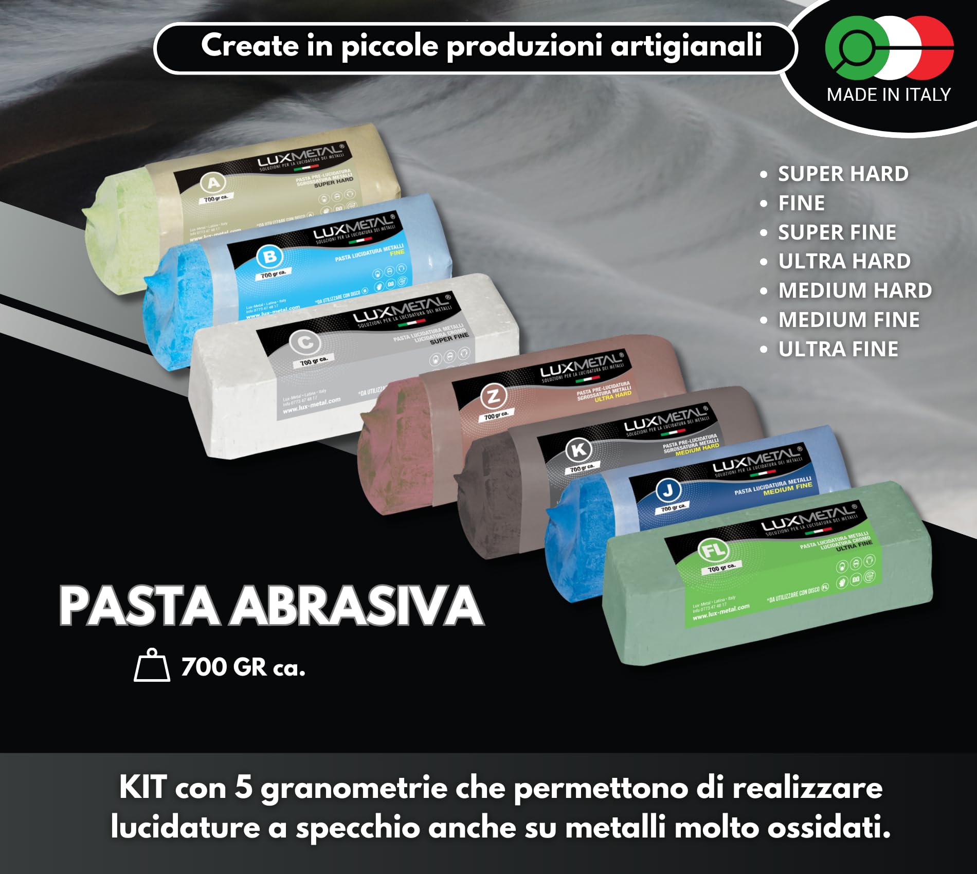 Lux Metal - Kit 7 Disco Lucidante 250 mm e 7 Pasta Abrasiva Lucidante 700 gr - Per Alluminio, Ferro, Acciaio Inox, Bronzo, Marmo - Ruota Lucidatura Metalli Mola Smerigliatrice Feltro