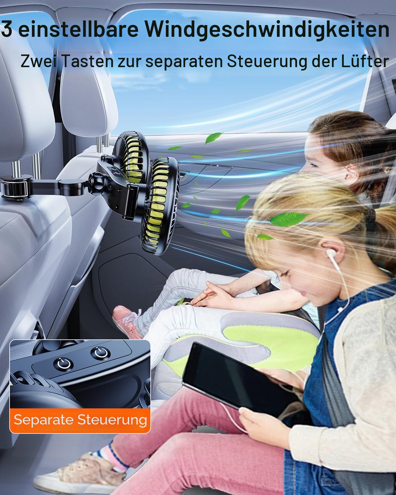 Akku Ventilator für Auto Rücksitz mit Einziehbarem Langem Arm, [Geschenk-Kfz Ladegerät & USB-C Kabel*1] 360° drehbar, 3 Geschwindigkeiten, separate Steuerung (Batterie)