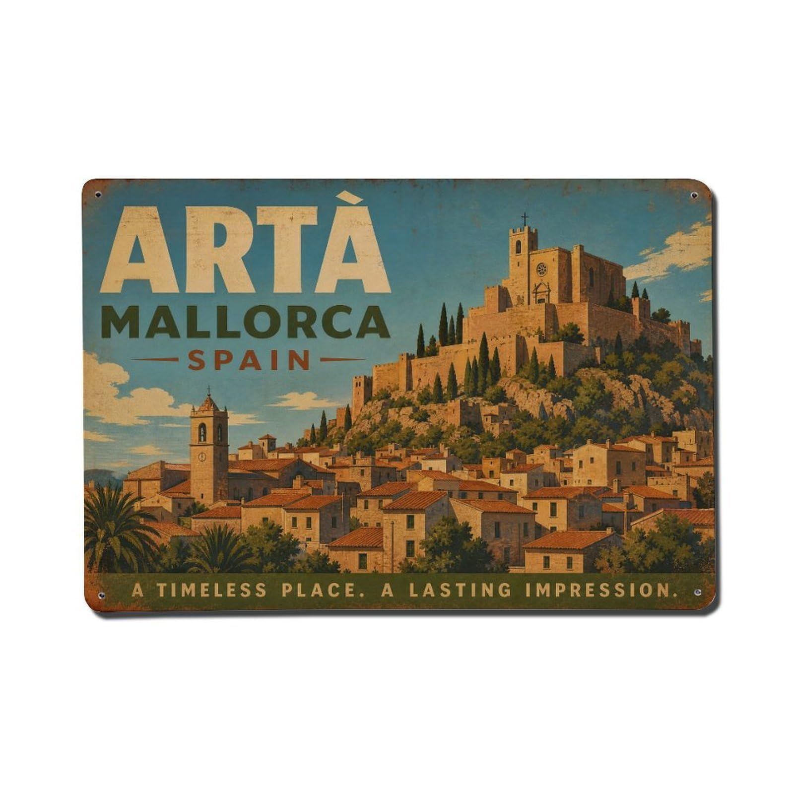 Fyrn Style Metal Tin Sign Vintage Travel Arta Town Mallorca Hilltop Fortress Church