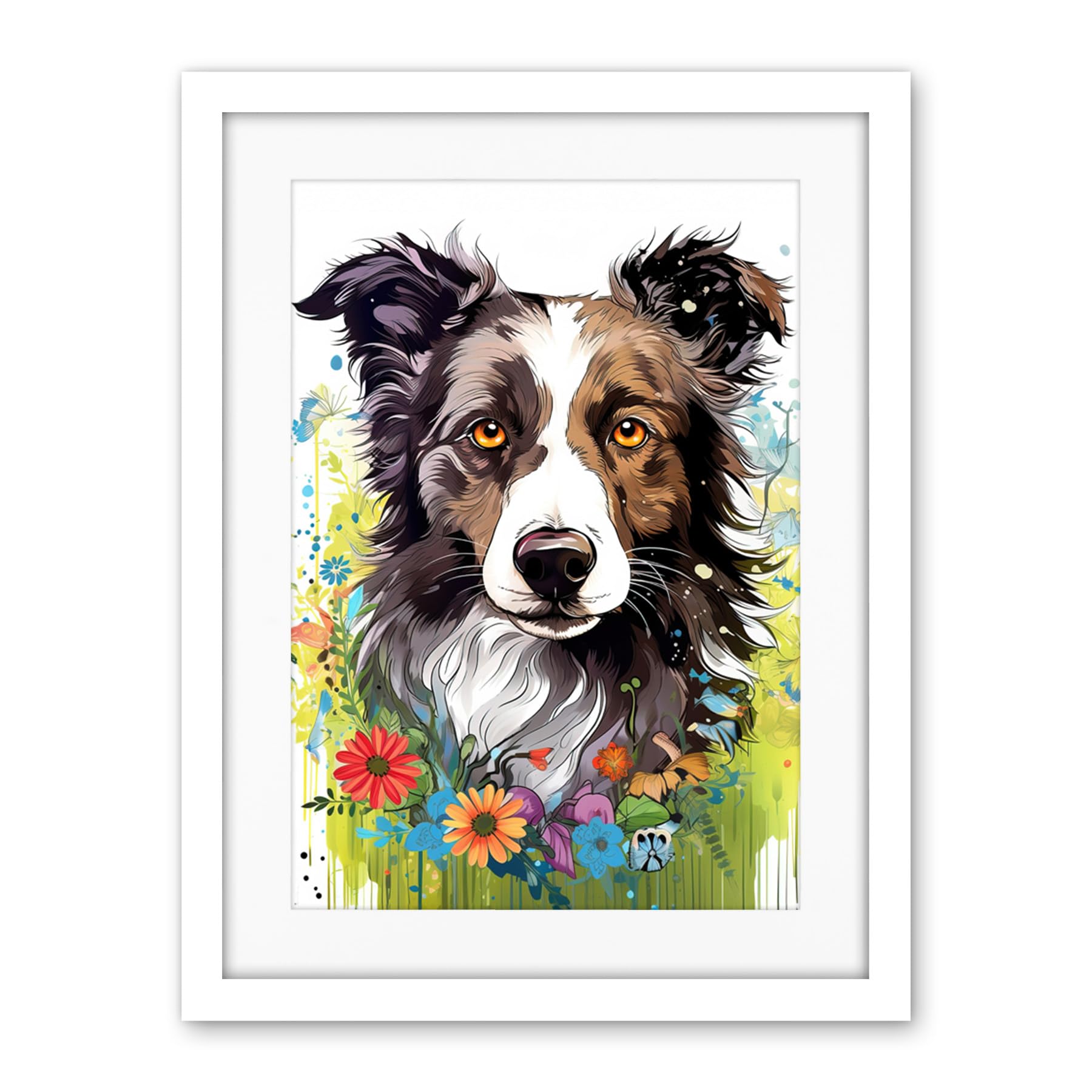 Artery8 Border Collie Dog Bright Watercolour Painting Floral Portrait with Wildflowers and Butterflies Artwork Framed Wall Art Print 18X24 Inch