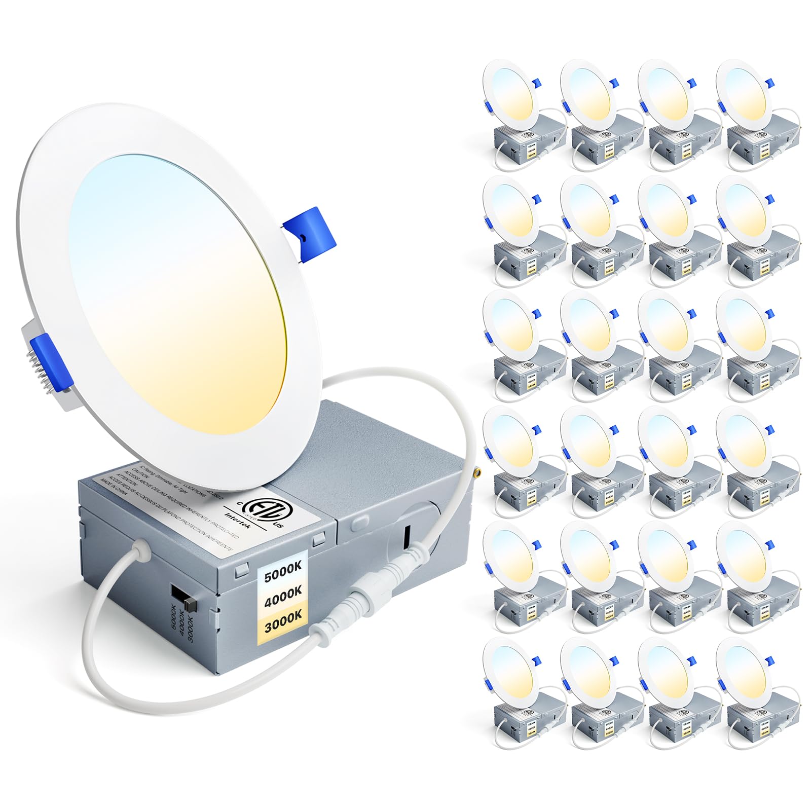 Ensenior Paquete de 24 luces LED empotrables ultrafinas de 4 pulgadas 3CCT con caja de conexiones, 3000 K/4000 K/5000 K seleccionables, 9 W 75 W Eqv, luz descendente regulable, 750 lm de alto brillo