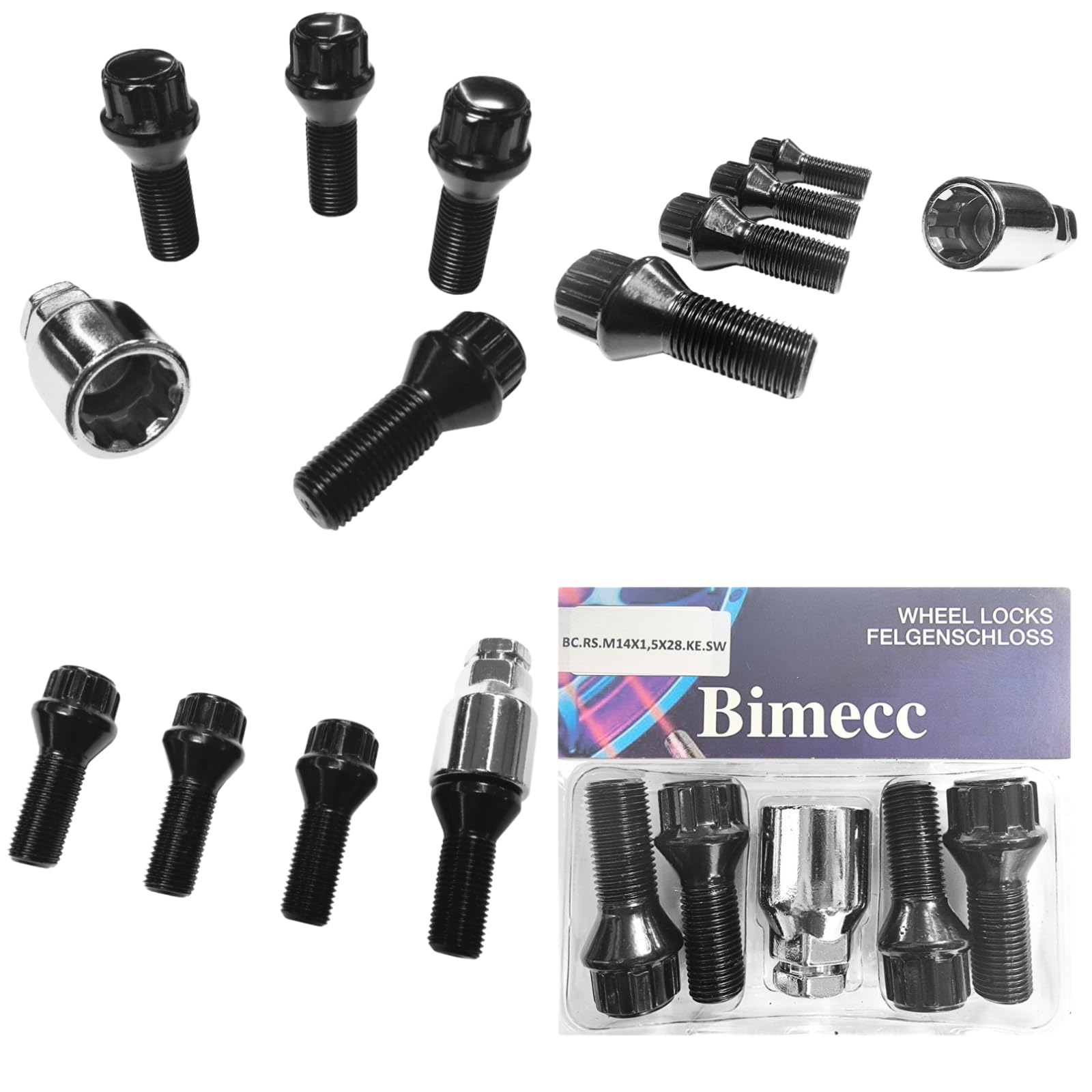 Blokada do felg M14 x 1,5 x 28 mm, taśma stożkowa 60°, kompatybilna z Citroen Fiat Land Rover Maserati Peugeot Renault Toyota 4 x czarne zamki do felg, zabezpieczenia kół, śruby kół