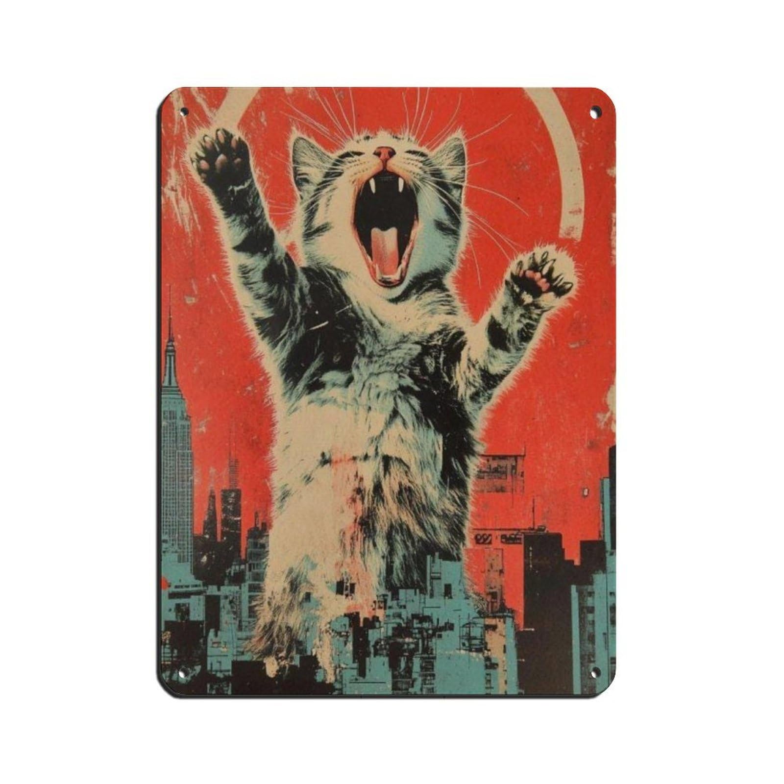 Lxwnze 30L X 40W Cm Retro Catzilla-Art Poster, Tin Sign Vintage Metal Pub Club Cafe Bar Home Wall Art Decoration Poster Retro 12X16inch(30X40cm)
