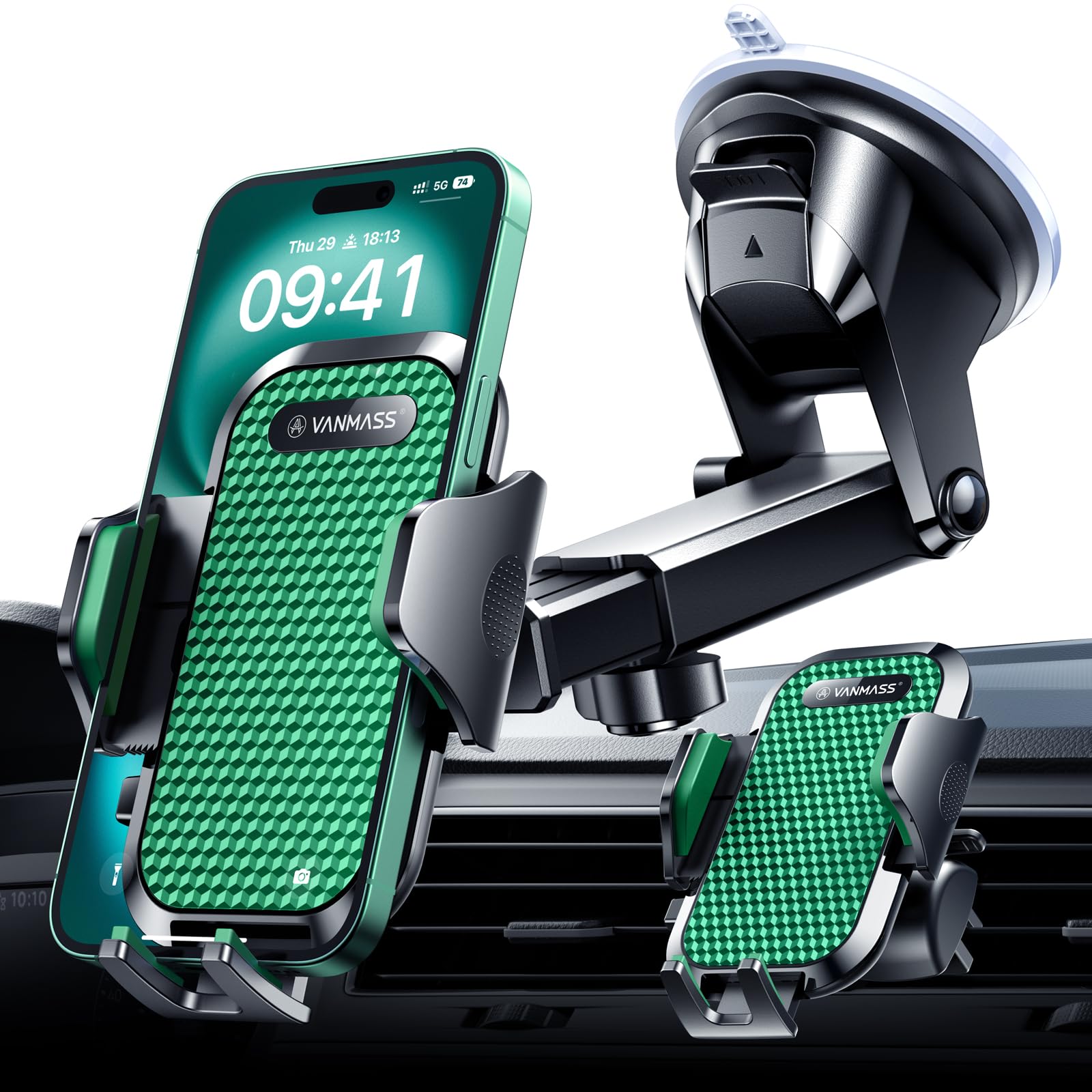 VANMASS Handy Halterung Auto 2026 Neuste Farbe Armeegrün Version 4 in 1 Handyhalter für Auto Saugnapf & Lüftung Super Stabil Handyhalterung Auto für iPhone 17 Pro Max iPhone 16 Plus 15 Samsung Huawei