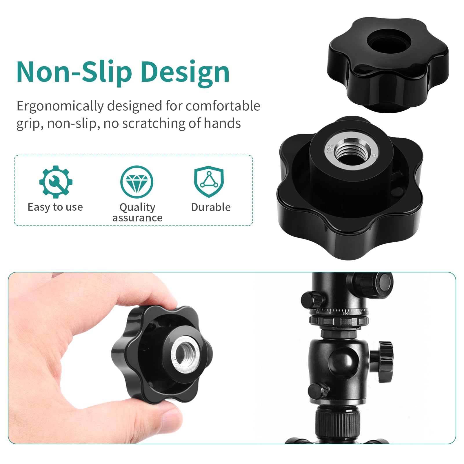 Manopole a Stella 6pcs (M10 48#) Dado a Stella M10 Manopola passante a testa esagonale filettata femmina, Maniglia con manopola a stella bloccaggio a vite in plastica nera