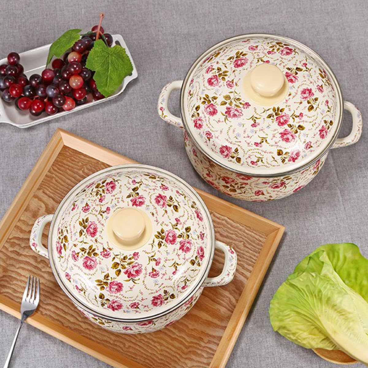 SHERCHPRY Pentola per Zuppa Casalinga in Smalto 18 Cm Doppia Maniglia e Coperchio, Pentola per Brodo Domestica a Fondo Piatto, Utensile da Cucina Pratico per Pasta, Riso e Zuppe