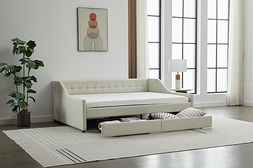 Miniatura 8 de Rosevera Adrie Linen - Sofá cama individual tapizado con nido y marco de sofá con botones copetudos, para sala de estar, dormitorio, habitación de