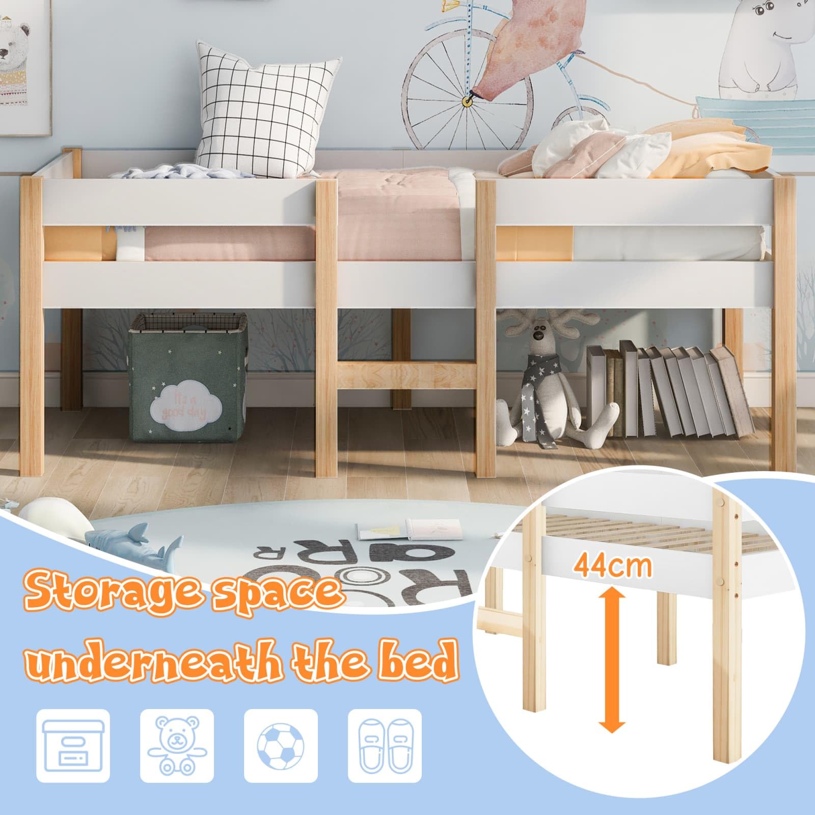 KOMHTOM Lit d'enfant en Mezzanine avec Clôture de Sécurité et Rangement sous lit,Cadre de lit avec Sommier à Lattes en Bois(sans Matelas) (90x190CM)