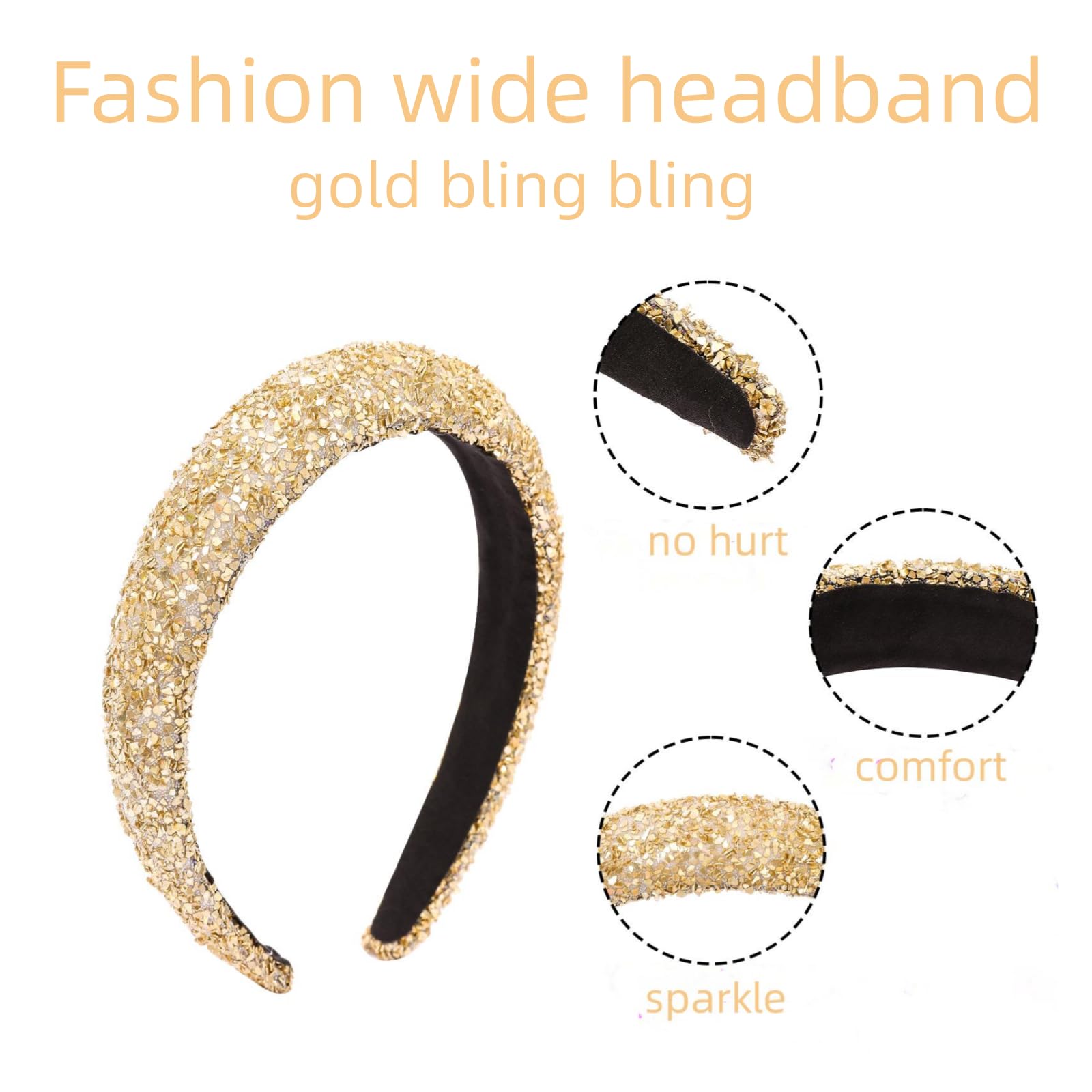 Goldfarbenes glitzerndes Haarband für Damen, modisches Glitzer-Haarband, glitzernd, breite Stirnbänder, bequem, hochelastisch, Haarreifen für Damen
