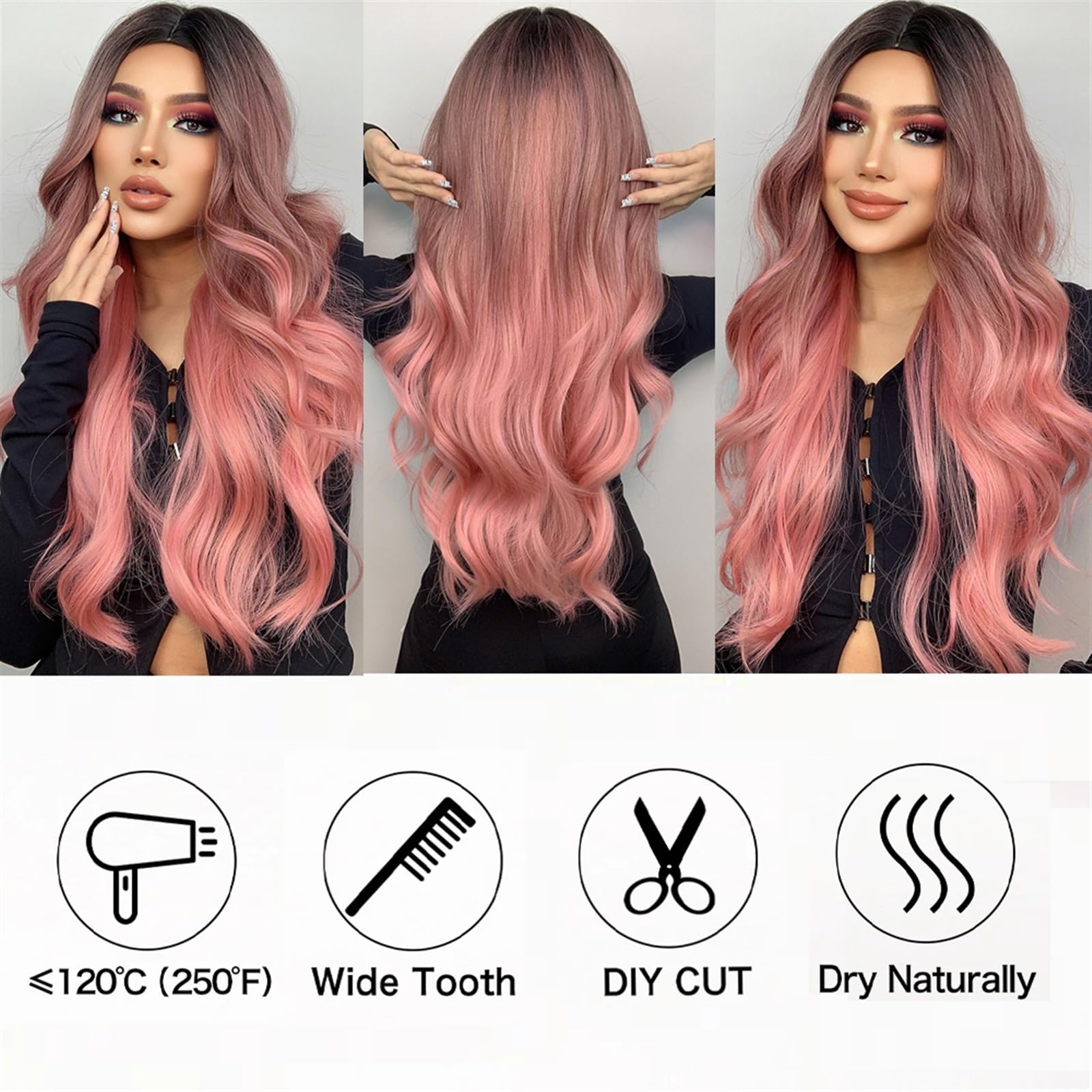 Perücken für Frauen Kostüm Partei Lange Körperwelle Ombre Schwarz Rosa Cosplay Perücken Hitzebeständige synthetische Perücken Mittelteil Natürliche Lolita Perücken for Frauen Perücke