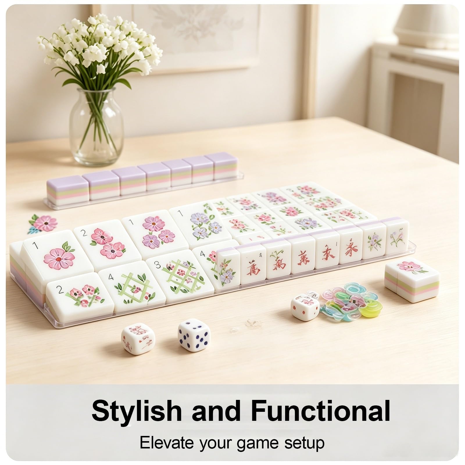 Zestaw Kafelków Mahjong 4 Warstwy Amerykański Mahjong | 3 Kostki Zestaw Mahjong 160 Sztuk Premium Wzór do Domu i Spotkań(Floral)