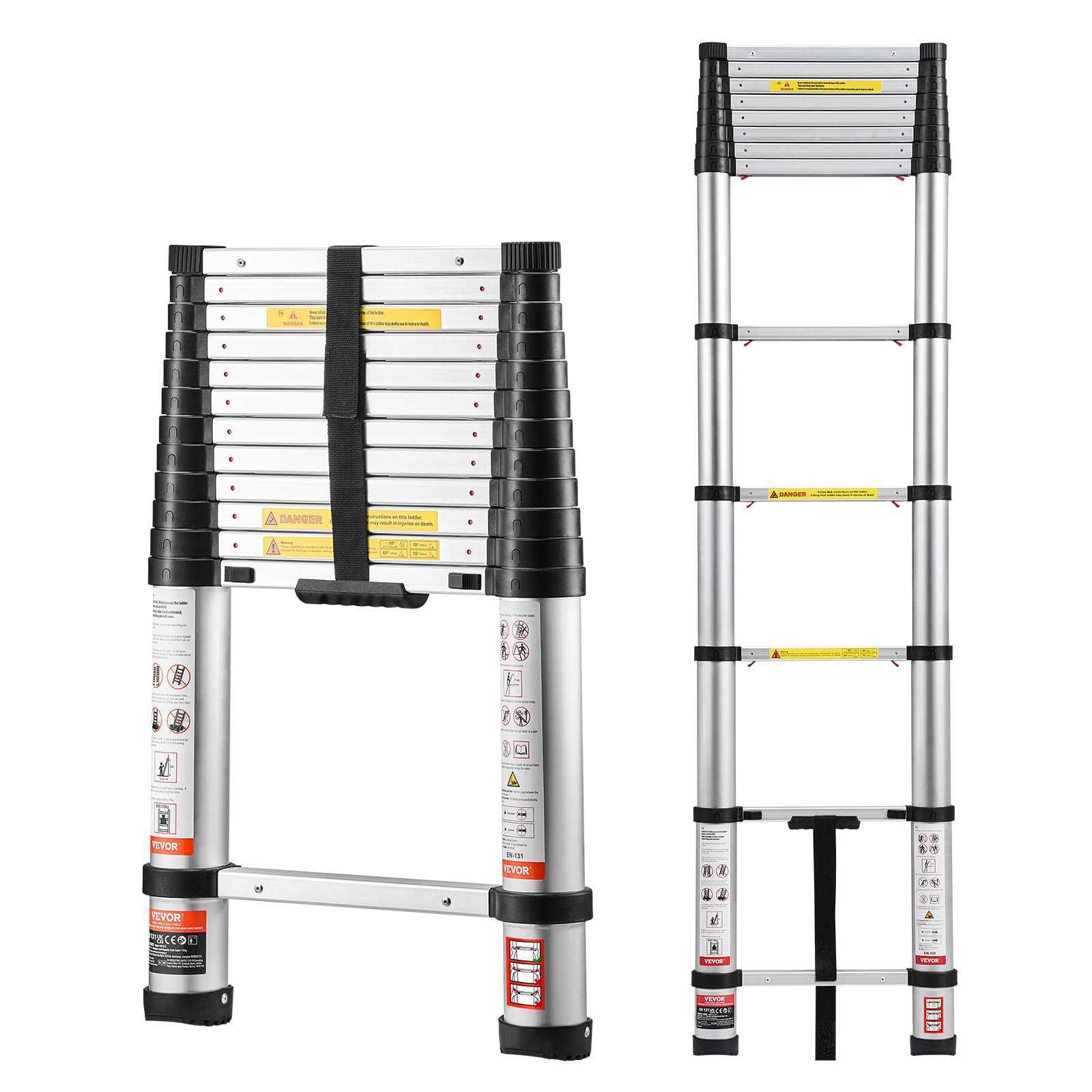 VEVOR Escalera Telescópica de Aluminio 374 cm, Escalera de Extensión Plegable con Sistema de Retracción de Un Solo Toque, Soporta hasta 150 kg, con Pies Antideslizantes, para Hogar, Ático, Jardinería
