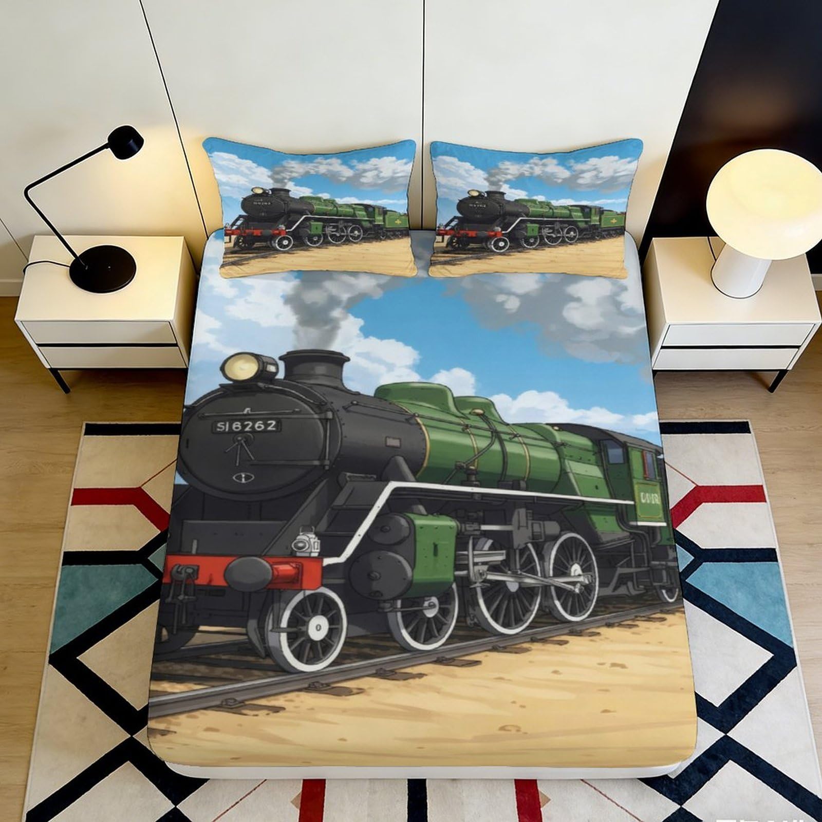 3D Printed Steam Train Fitted Sheet Microfiber Soft Breathable Railway Locomotive Bed Cover for Bedroom Guest Room Decor 115 140x200x25cm