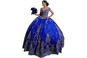 Sequined Quinceanera Dress with Gold Embroidery and Royal Blue Tulle