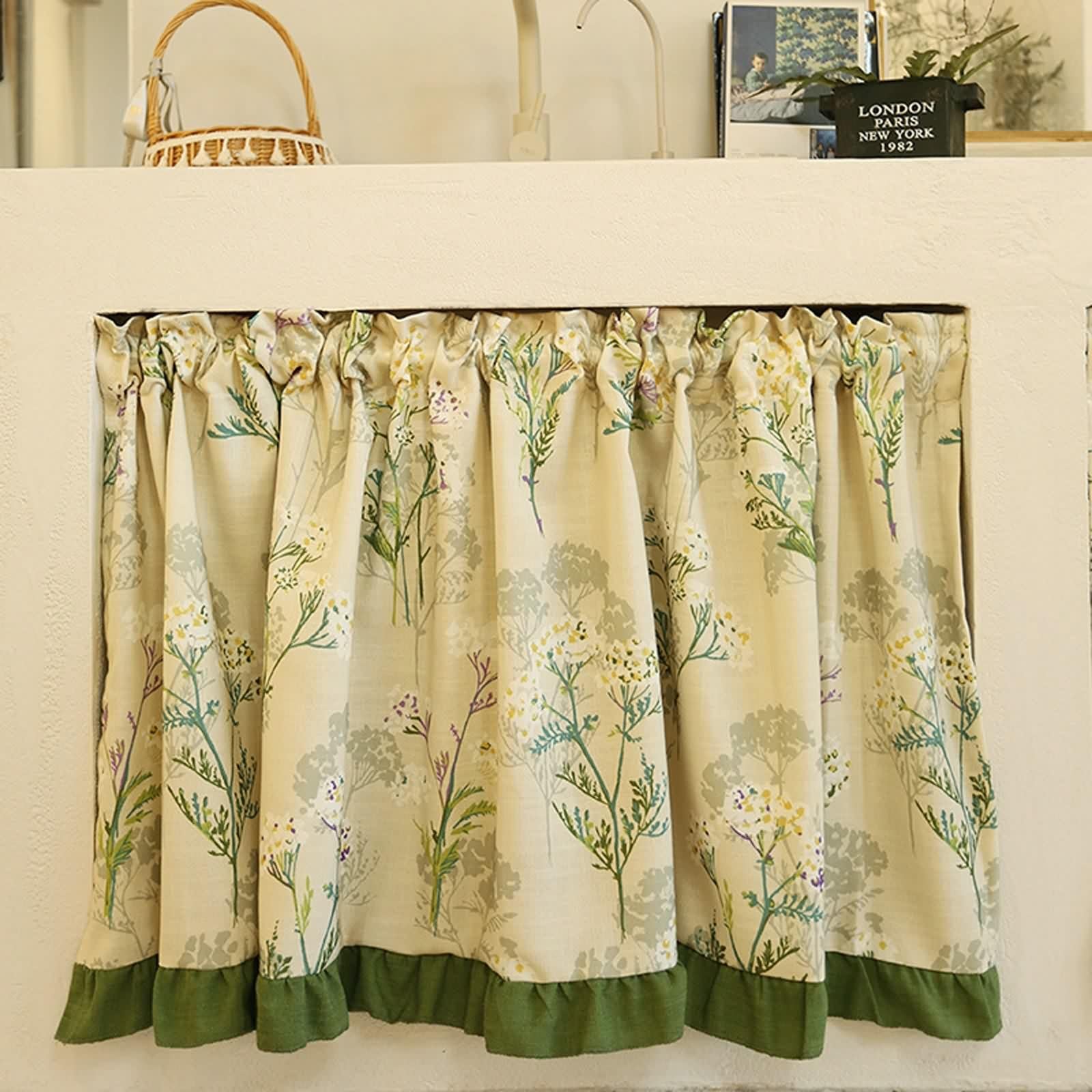 Vintage zielona beżowa bawełniana lniana zasłona okienna do kuchni krótka zasłona bistro z kwiatowym wzorem i falbankami 130 x 80 cm idealna do dekoracji domu