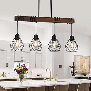 Dining Room Retro Light Fixture Hanging for Modern Farmhouse 4-Lights Kitchen Island Lighting,Modern Chandelier Over Table Linear Chandeliers Black Rustic Wood Ceiling Pendant Light Fixtures