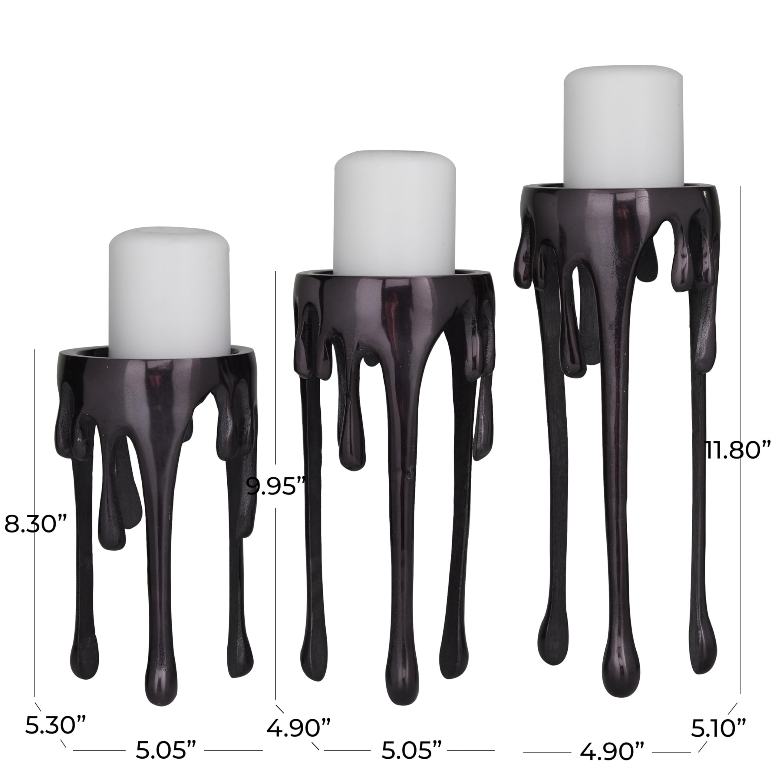 CosmoLiving by Cosmopolitan Aluminum Metal Decorative Candle Holder Pillar Candle Stand with Dripping Melting Designed Legs, Set of 3 Candlestick Holder 12", 10", 8"H,: Black