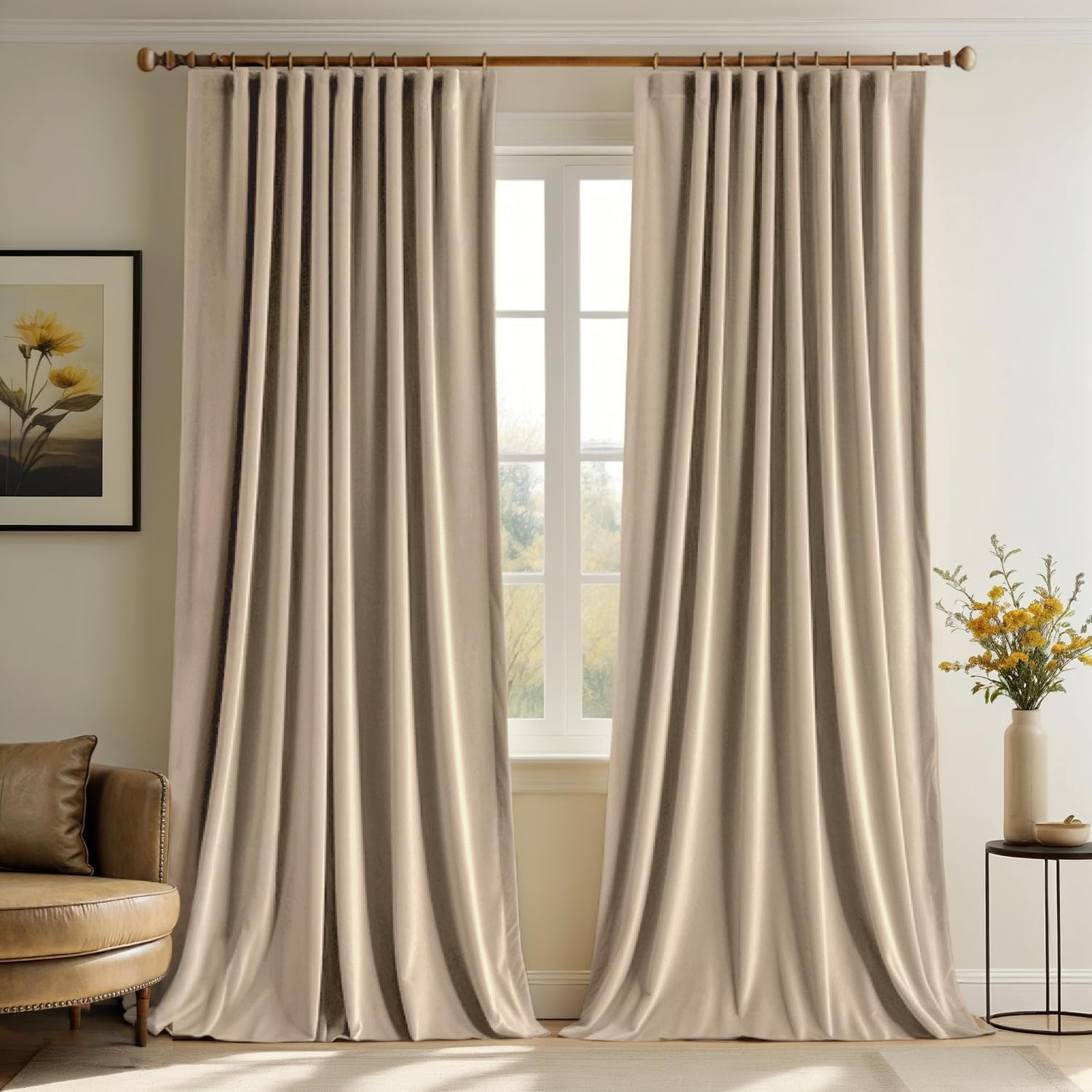 MIULEE Velvet Curtains 108 Inches Long 2 Panels - Pinch Pleated Luxury Room Darkening Curtains for Bedroom Living Room Thermal Insulated Super Soft Window Drapes Rod Pocket, Camel Beige Camel Beige 52"W x 108"L (Pack of 2)