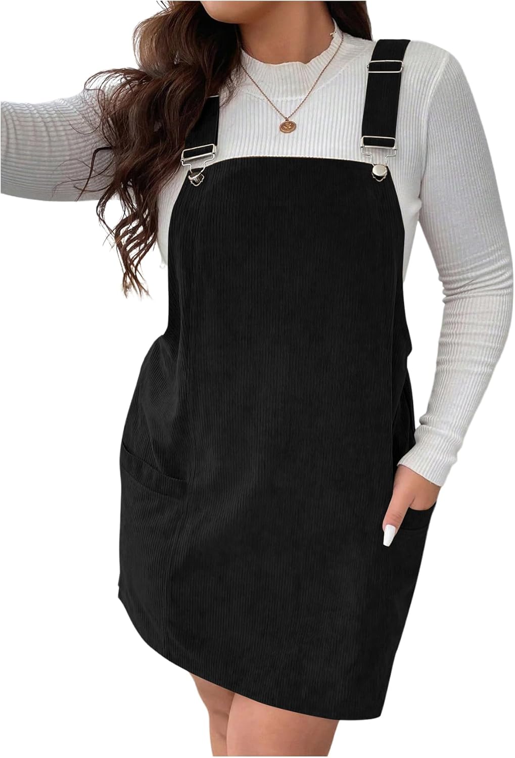 WDIRARA Women's Plus Size Corduroy Sleeveless Short Pinafore Overall Dress with Pocket