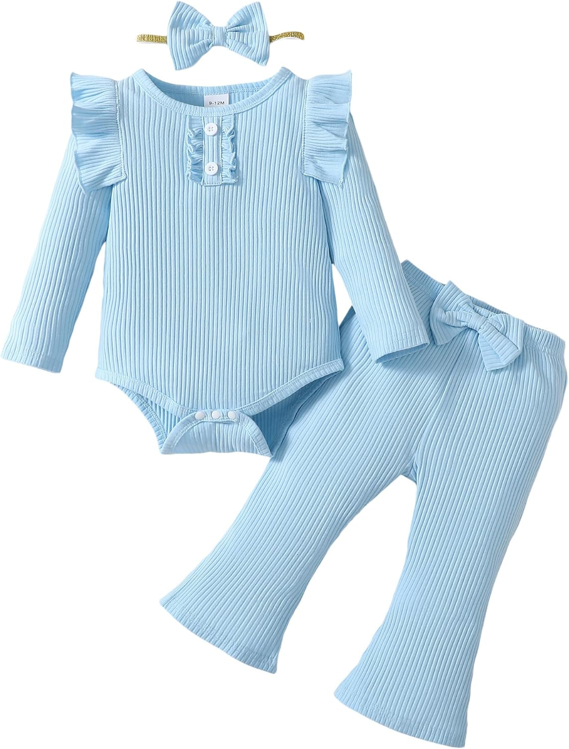 Infant Baby Girls Outfit Cute Ruffle Sleeve Ribbed Knit Romper Bodysuit and Flare Pants Clothes Set 3 Piece